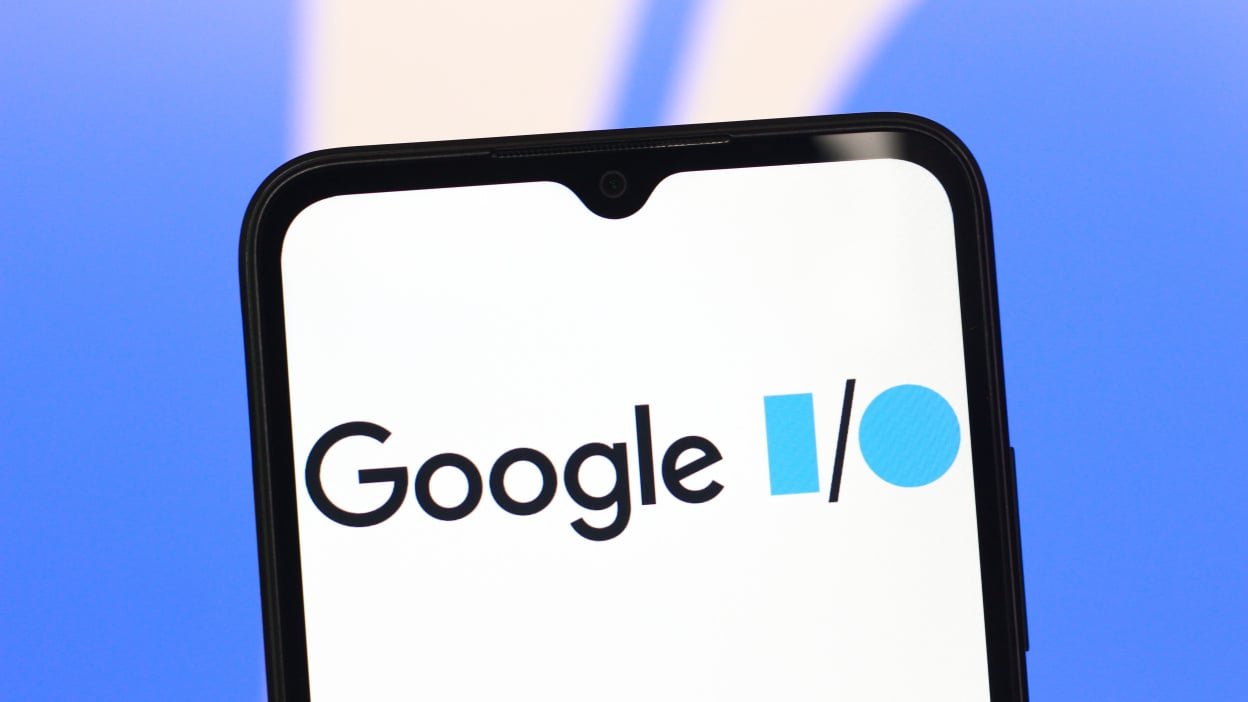 the Google I/O logo is seen displayed on a smartphone screen.