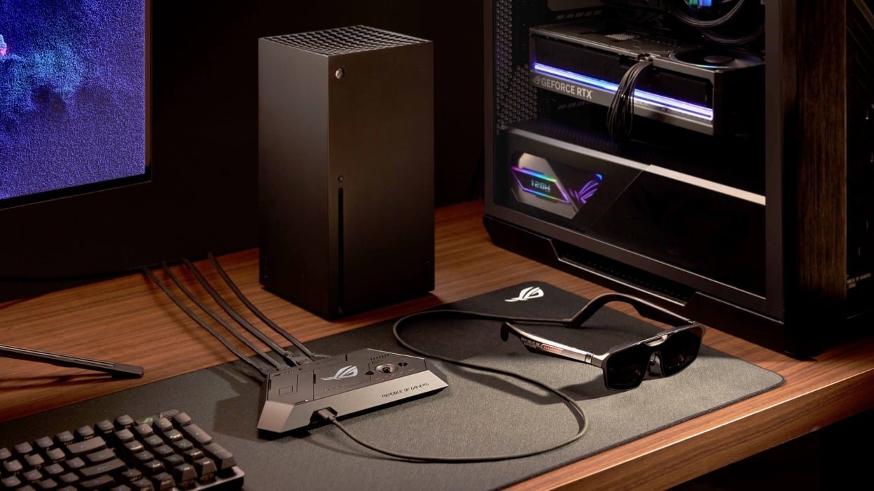 Asus ROG Xreal R1 Gaming AR Glasses on gaming desk with xbox console